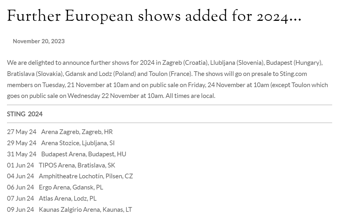 Informacja o datach koncertów w Europie na oficjalnej stronie internetowej Stinga